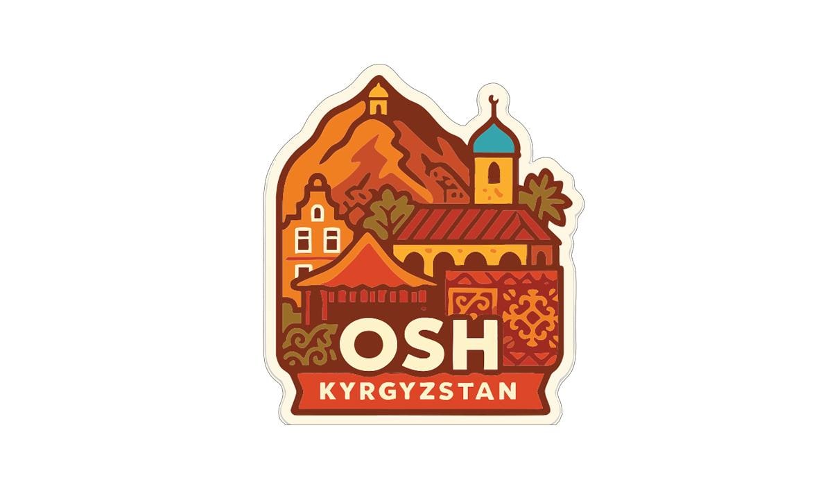 a sticker or emblem with a stylized illustration of a cityscape, including buildings, a mountain, and a dome. The text "OSH Kyrgyzstan" is prominently displayed in the center of the image.
