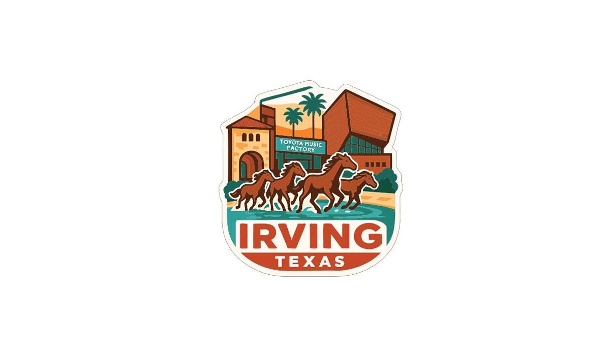 A stylized logo depicting a group of horses running in front of a building with a palm tree, representing the city of Irving, Texas.