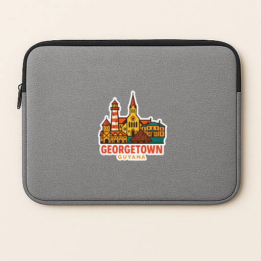 a gray laptop sleeve with a colorful graphic of a town or city, along with the text "GEORGETOWN GUYANA" printed on it.