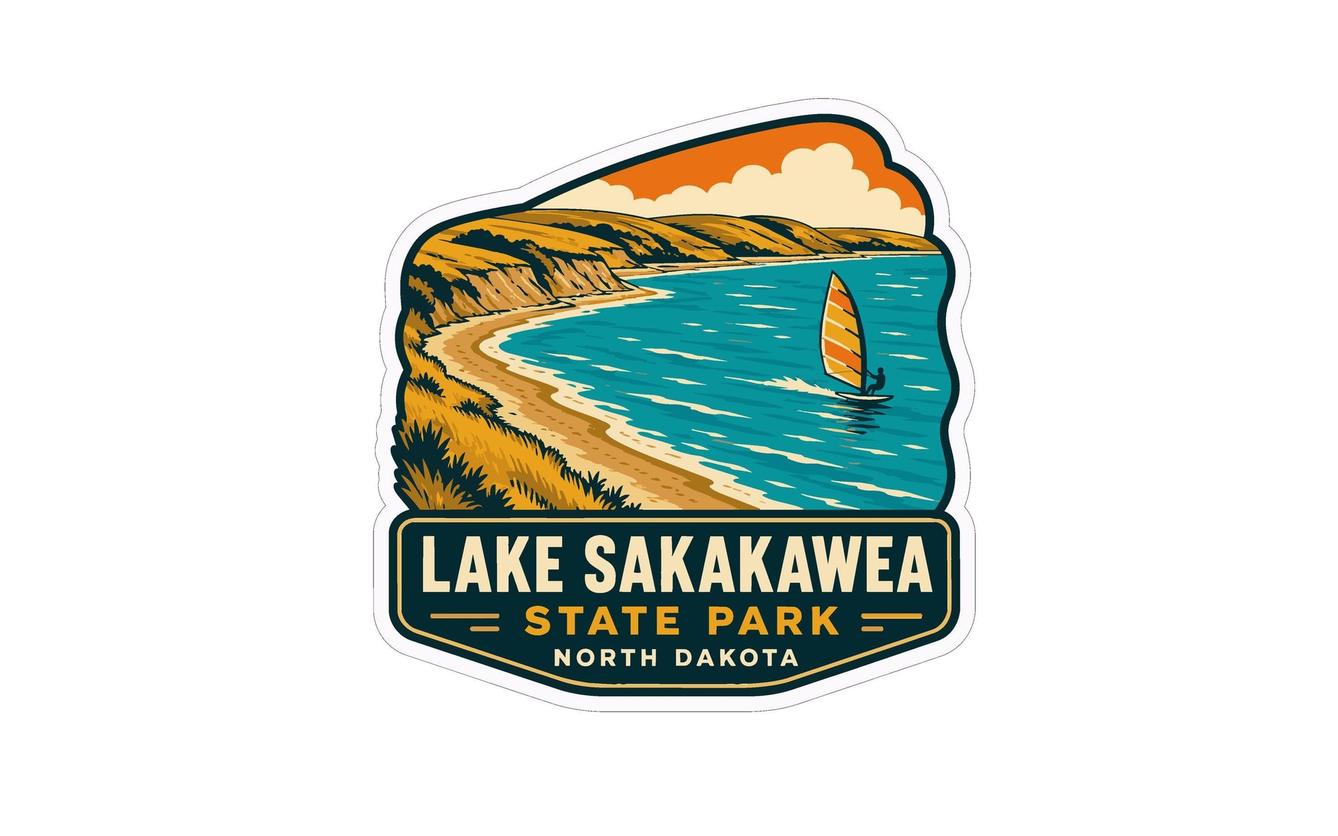 Lake Sakakawea State Park logo featuring a sailboat on the water with a scenic coastal landscape in the background.
