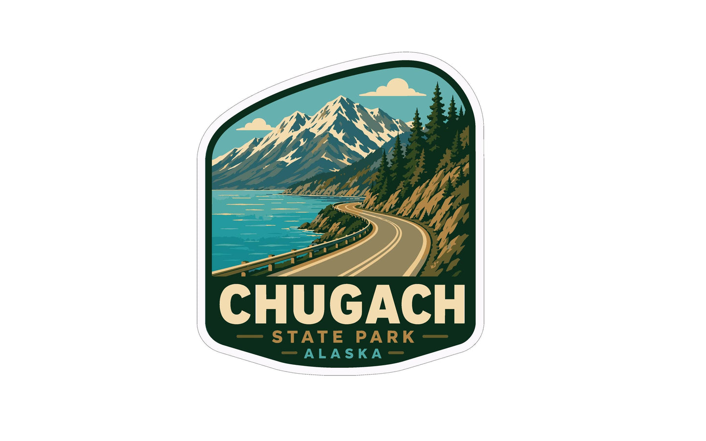 A sticker or logo depicting a scenic mountain landscape with a winding road, surrounded by pine trees and a body of water.
