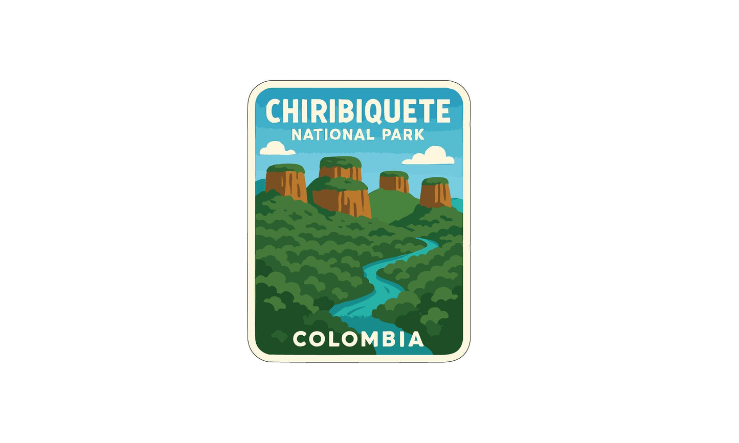 The image is a sticker or poster depicting the Chiribique National Park in Colombia, featuring a winding river surrounded by lush green hills and mountains.