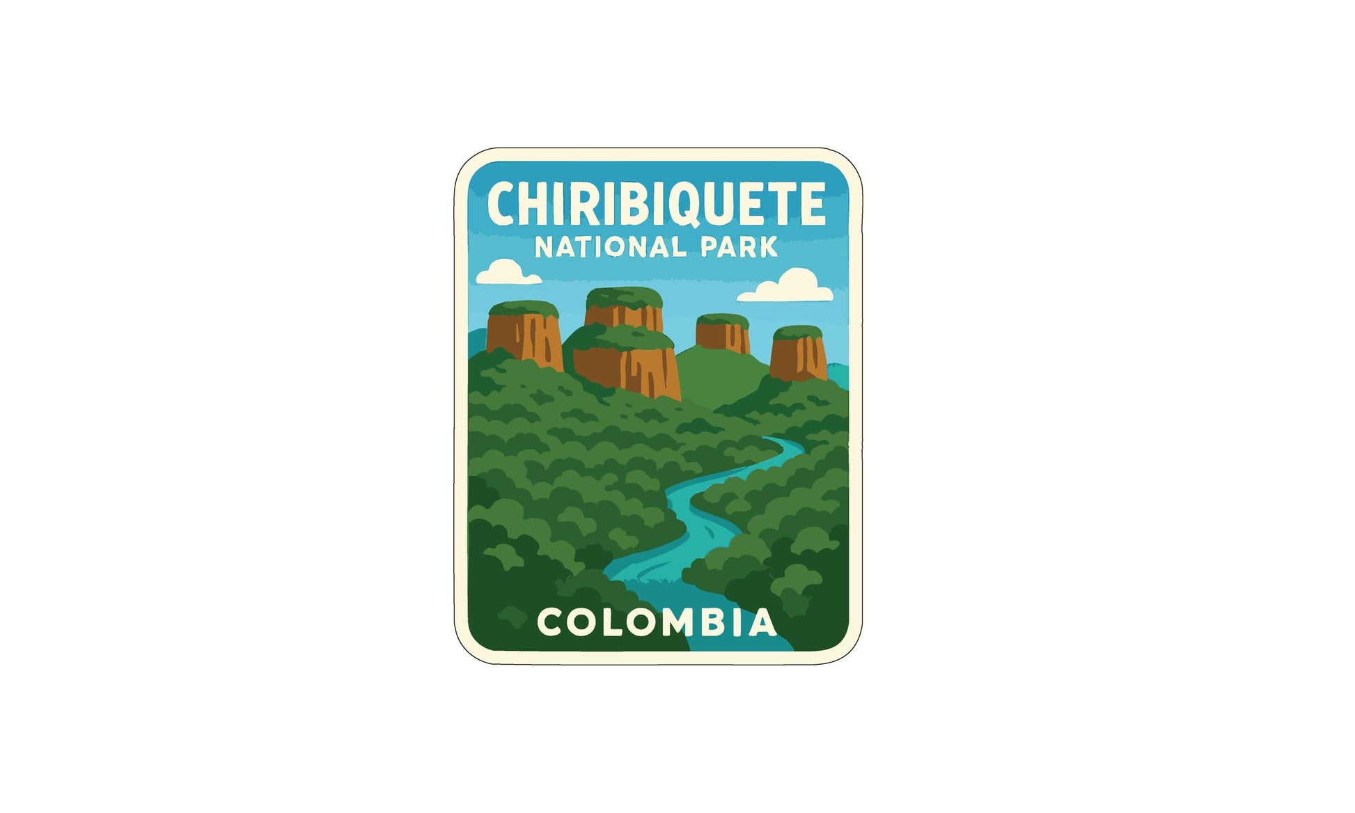 The image is a sticker or poster depicting the Chiribique National Park in Colombia, featuring a winding river surrounded by lush green hills and mountains.