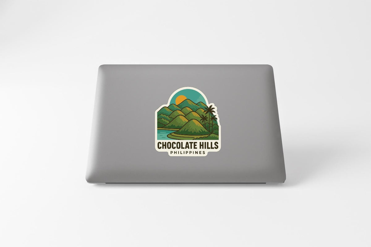 a sticker with a landscape and mountains, along with the text "CHOCOLATE HILLS PHILIPPINES".
