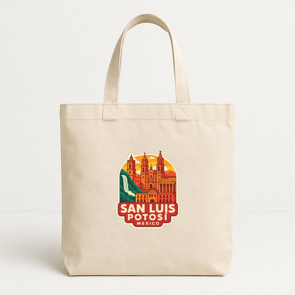 A beige tote bag with a printed design of the city of San Luis Potosi, Mexico.