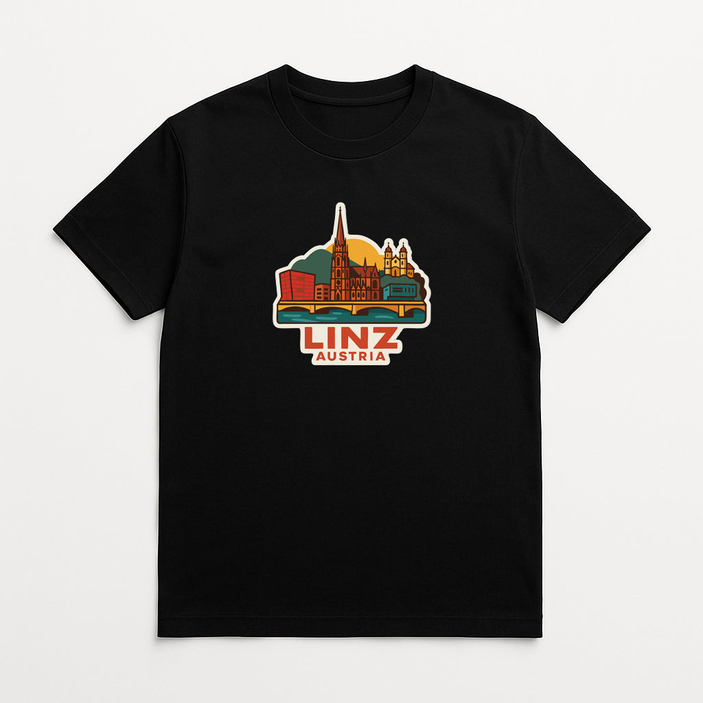A black t-shirt with a colorful graphic depicting the city of Linz, Austria.