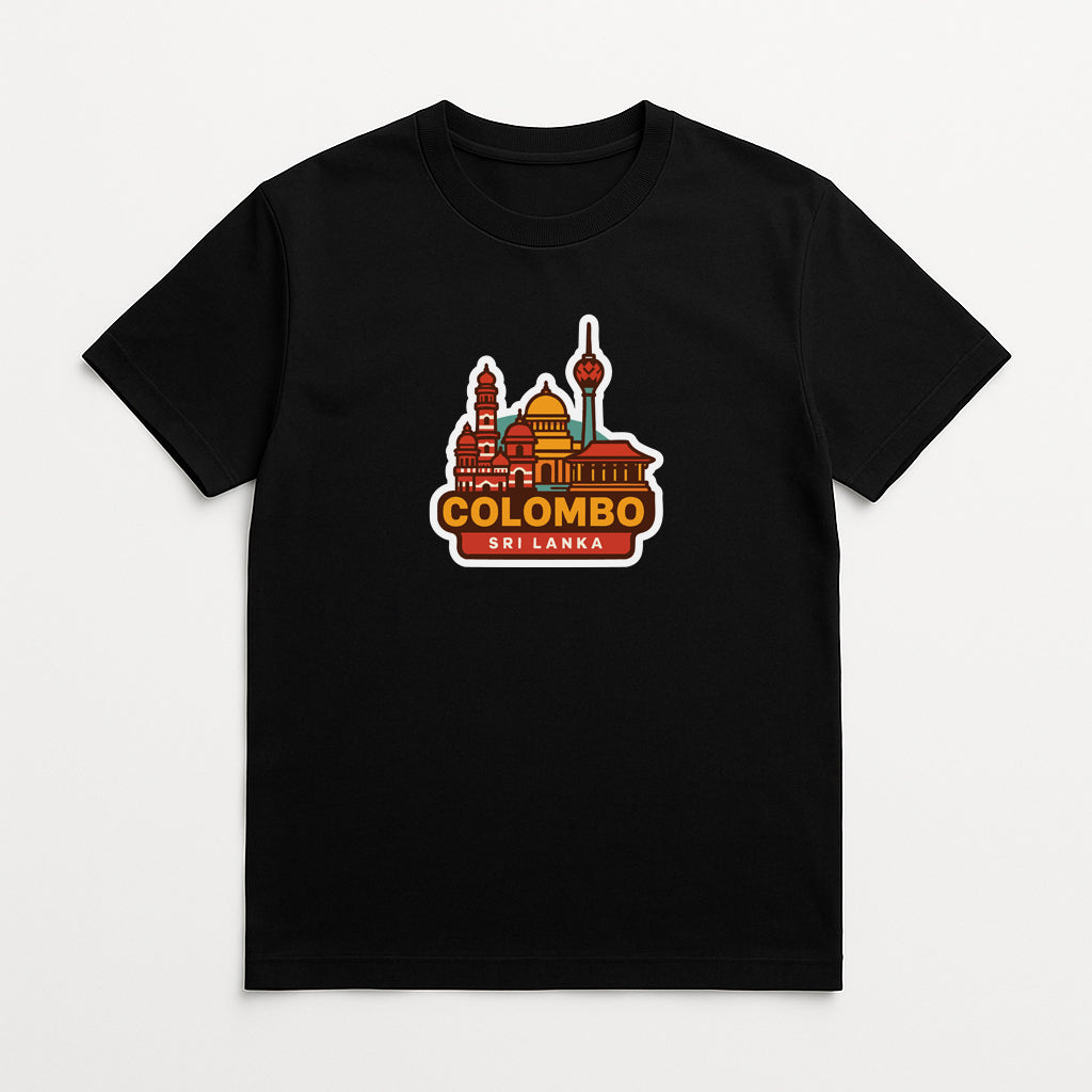 A black t-shirt with a graphic design depicting a city skyline, including a tall tower and a dome, along with the text "COLOMBO SRI LANKA".