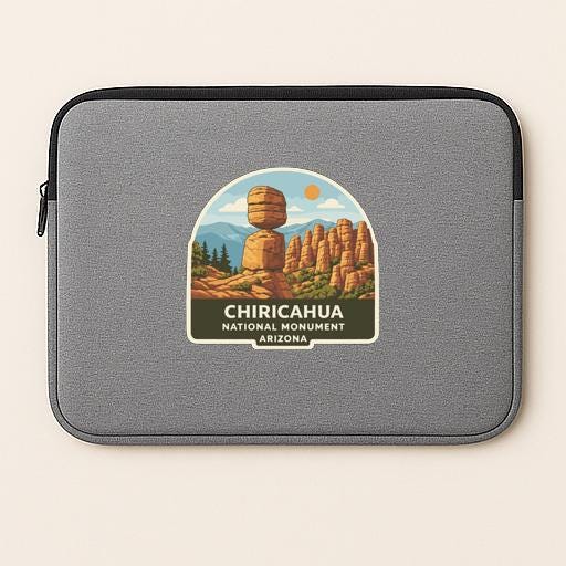a gray laptop sleeve with a label that says "Chiricahua National Monument Arizona".