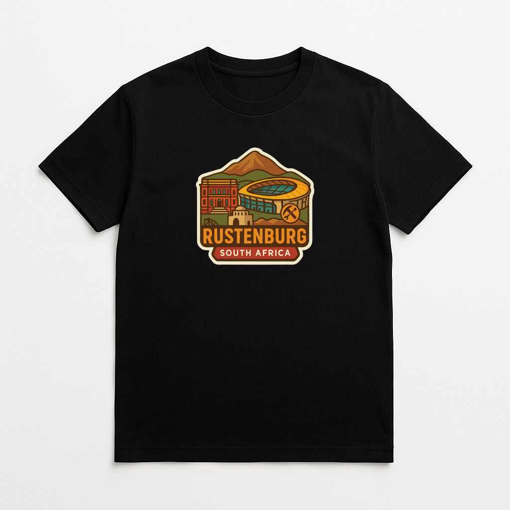 A black t-shirt with a graphic design depicting a landmark, specifically Rustenburg, South Africa.