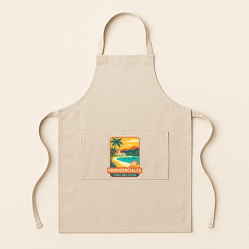 A beige apricot with a graphic of a tropical beach and palm trees, along with the text "PROVIDENCIALES" and "SINCE 1853".