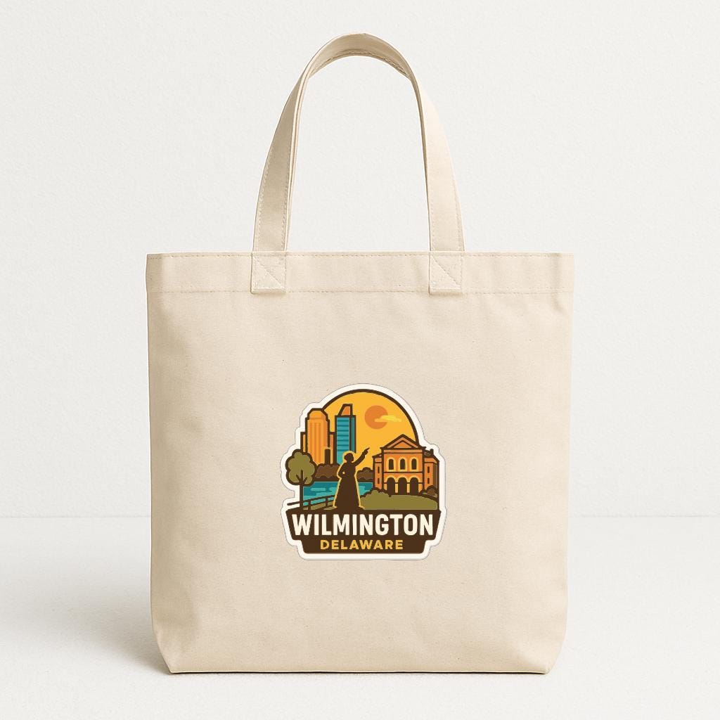 A beige tote bag with a printed logo that says "Wilmington, Delaware".