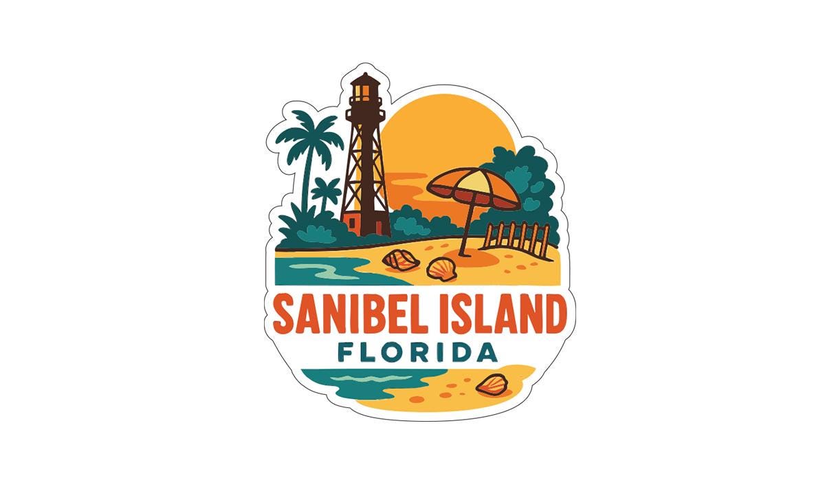 a sticker or logo for Sanibel Island, Florida. It includes a lighthouse, palm trees, a beach, and an umbrella, all set against a backdrop of a sunset.