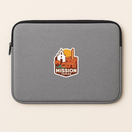 a gray laptop sleeve with a logo of Mission, Texas.
