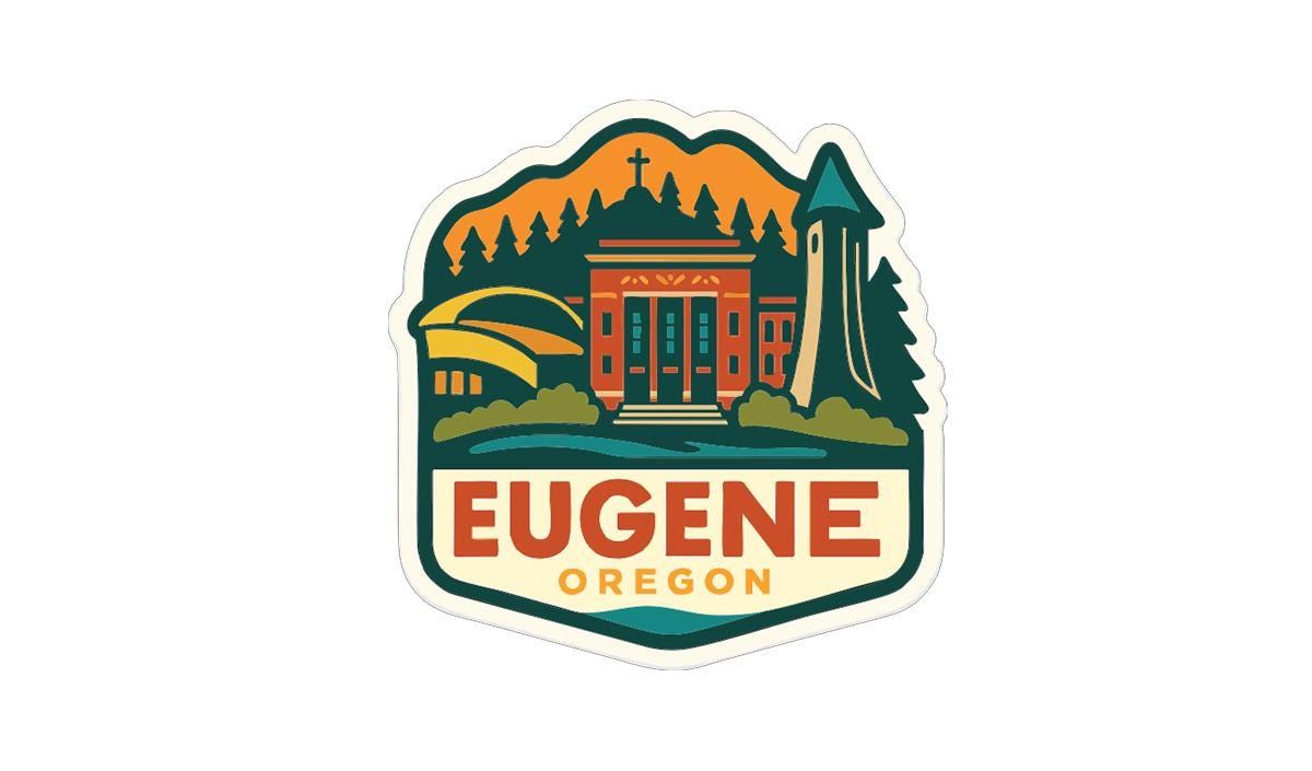 a sticker or emblem with a stylized illustration of a building, mountains, and trees, along with the text "EUGENE OREGON" prominently displayed.