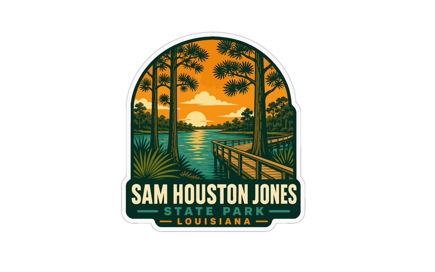 A sticker or logo depicting a scenic view of Sam Houston Jones State Park in Louisiana, featuring a wooden walkway, palm trees, and a sunset over the water.
