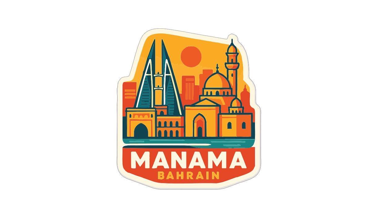 a sticker or emblem with the text "MANAMA BAHRAIN" and an illustration of the cityscape of Bahrain.