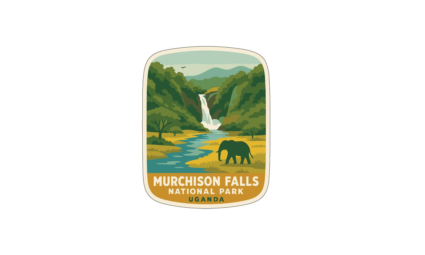 a label or sticker with a scenic illustration of Murchison Falls National Park in Uganda.