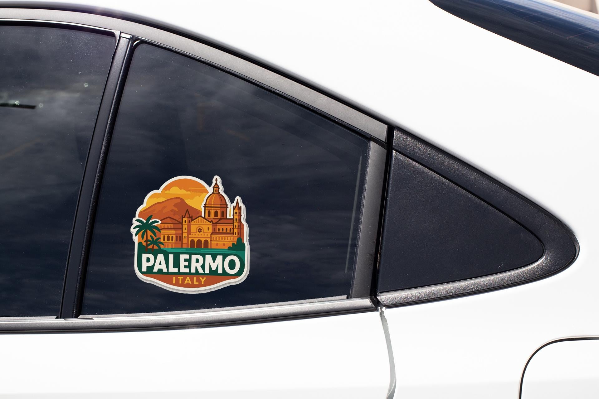 A sticker on the side of a car window, featuring a cityscape and the text "PALERMO ITALY".