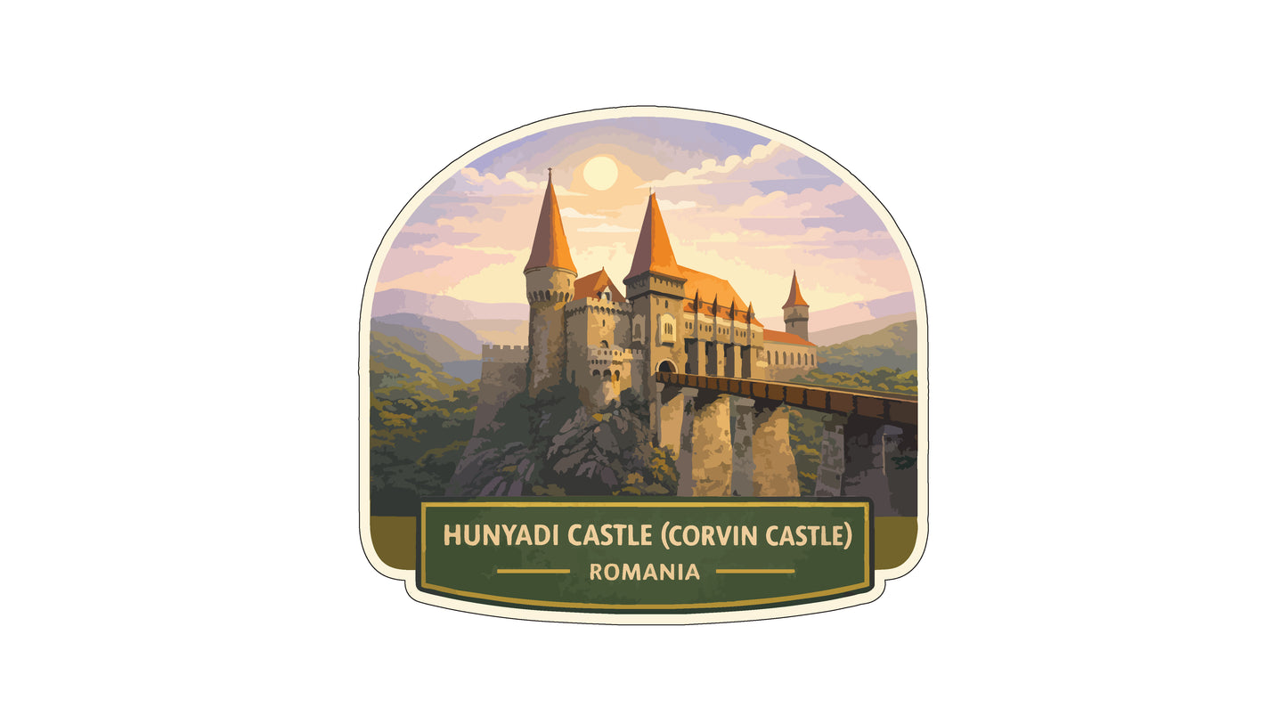 a castle with two towers, set against a backdrop of a sunset and mountains. The castle appears to be the Hunyadi Castle (Corvin Castle) in Romania.
