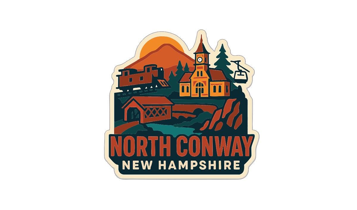A sticker depicting a scenic landscape with a mountain, a church, a train, and a bridge, along with the text "NORTH CONWAY NEW HAMPSHIRE".