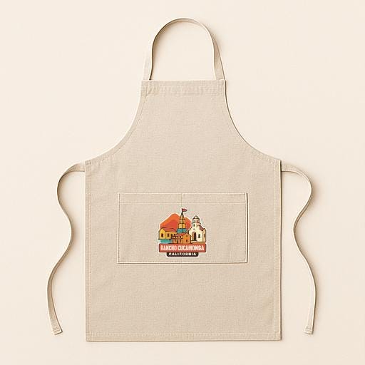 A beige apricot with a graphic design of a building and text on the front pocket.