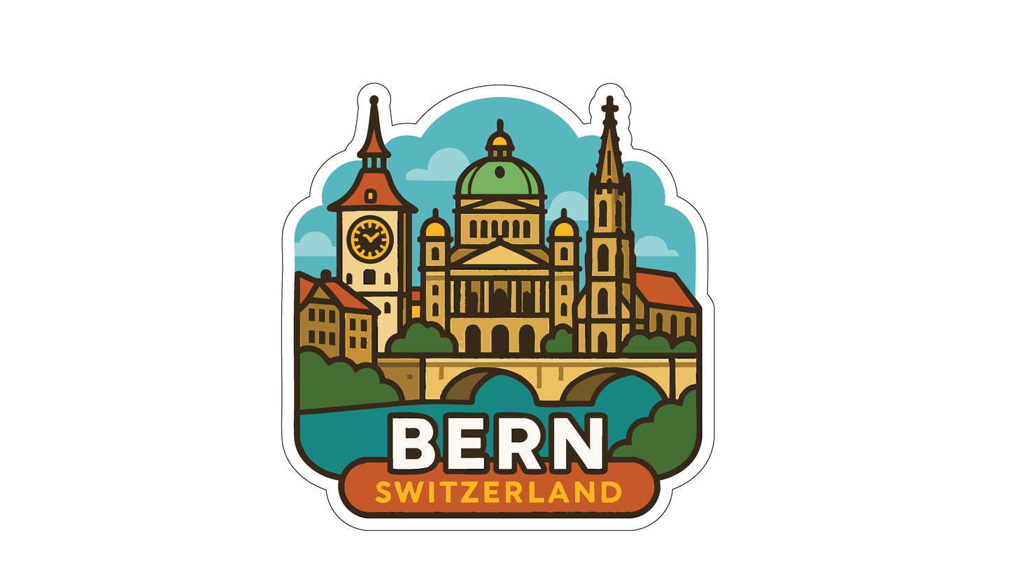 a stylized illustration of the Swiss city of Bern, Switzerland, with various landmarks and buildings depicted in a colorful and detailed manner.