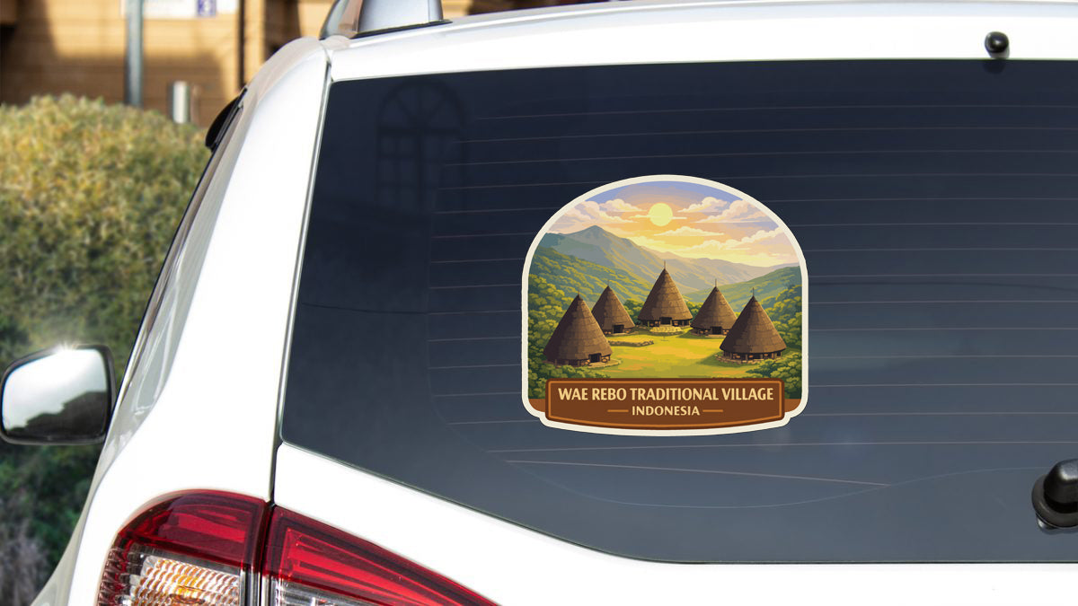a sticker on the rear window of a car, depicting a traditional village in Indonesia.
