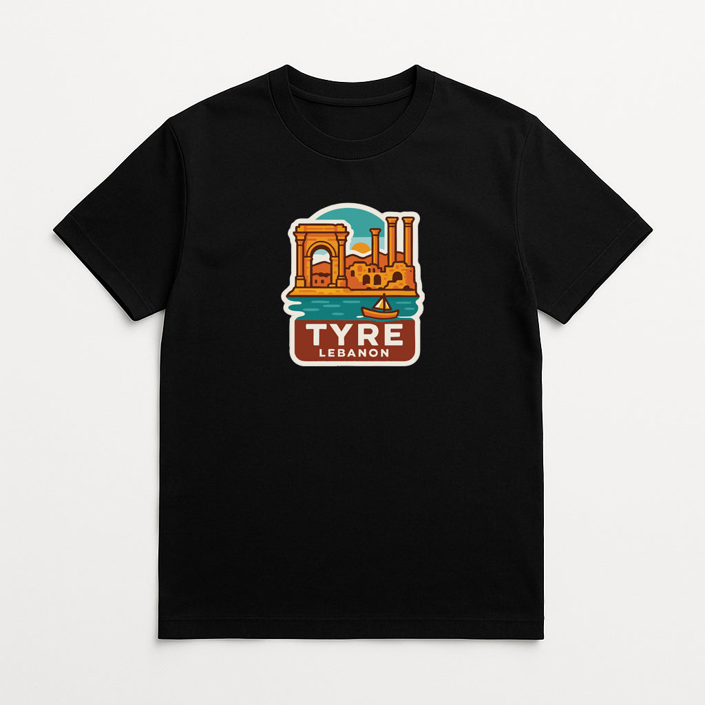 A black t-shirt with a graphic design depicting a cityscape with a large archway, a boat, and a river. The text "TYRE LEBANON" is displayed below the graphic.