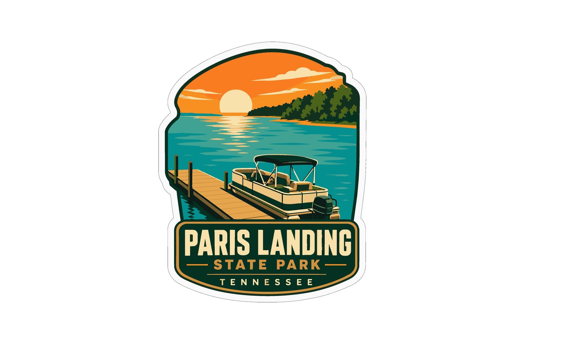 A sticker depicting a boat on a dock at Paris Landing State Park in Tennessee, with a sunset in the background.