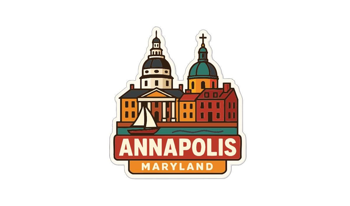 A sticker depicting the city of Annapolis, Maryland, with a variety of architectural styles and landmarks, including a church, a dome, and a sailboat.
