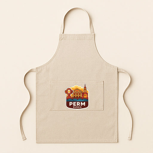 A beige apricot with a logo on it, which appears to be a logo for a pizza restaurant called "Perm".