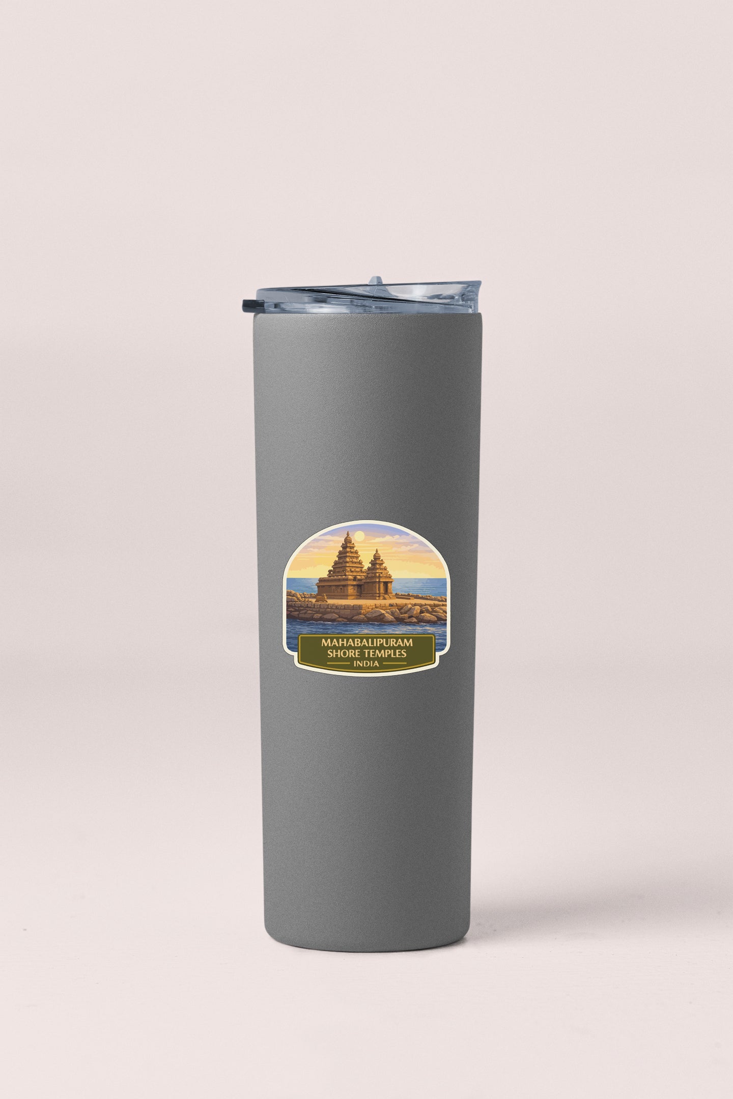 A gray cylindrical container with a label featuring an image of a temple and the text "MAHABALUJURAM SHORE TELESPS".