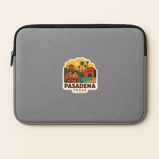 a gray laptop sleeve with a colorful graphic of a town or city, along with the text "Pasadena, Texas" printed on it.