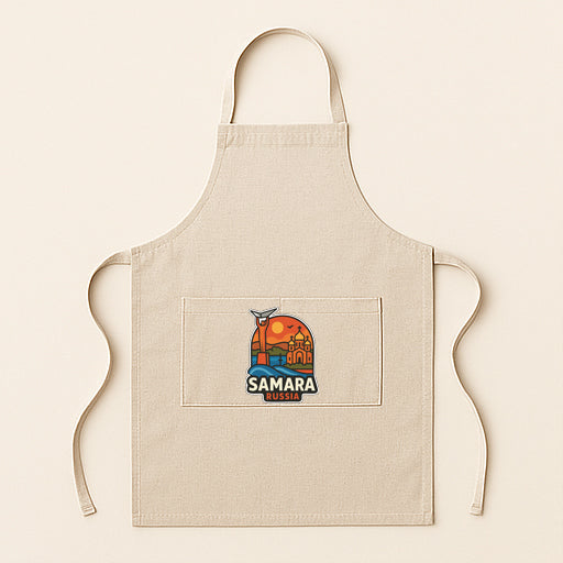A beige apricot with a graphic design featuring a sunset and a castle, along with the text "SAMARA".
