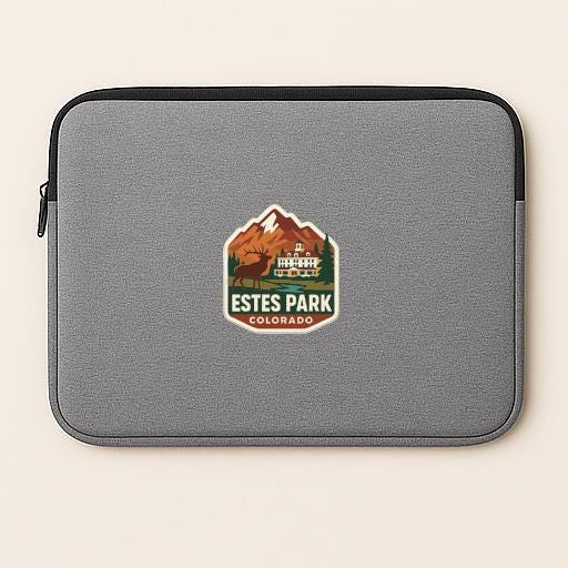A gray laptop sleeve with a logo of Estes Park, Colorado, featuring a mountain landscape and a moose.