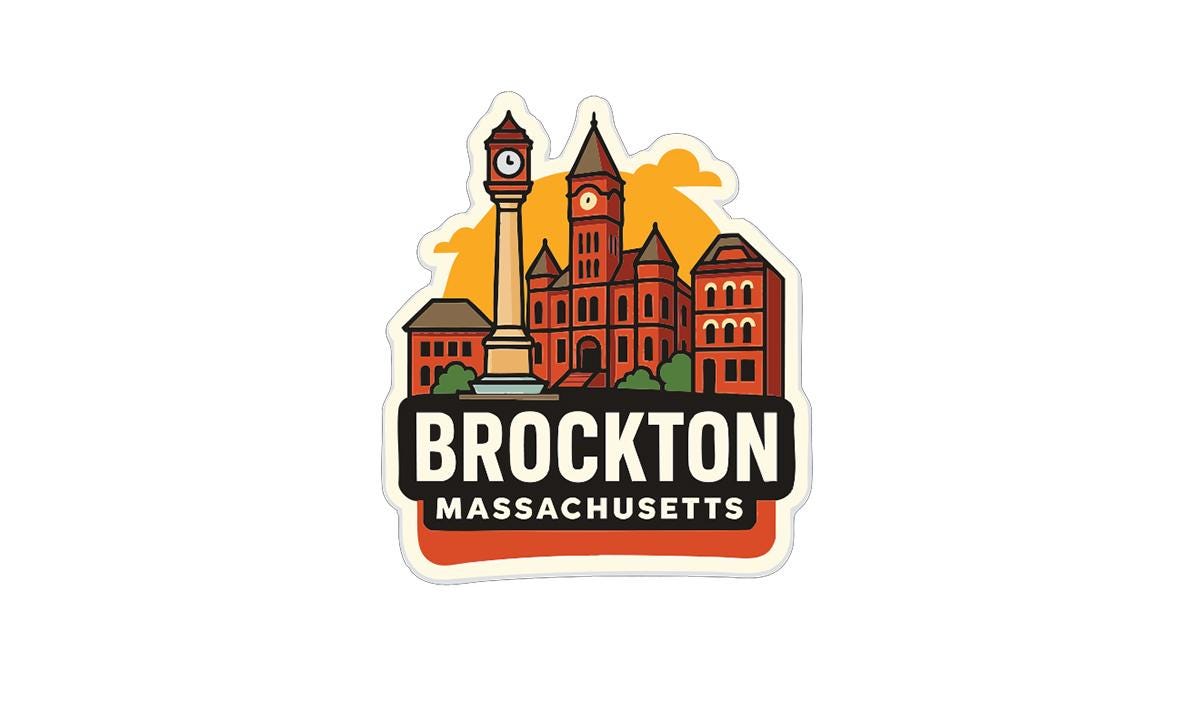 A sticker depicting the skyline of Brockton, Massachusetts, with a clock tower and other buildings.