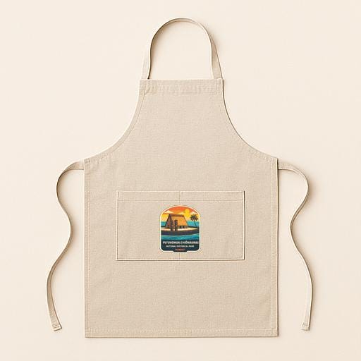 A beige apricot with a small graphic design on the front pocket.