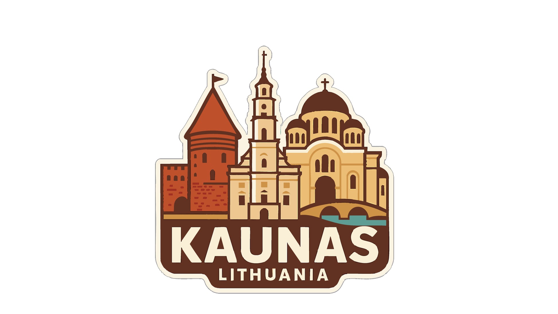 a sticker or logo depicting the city of Kaunas, Lithuania.