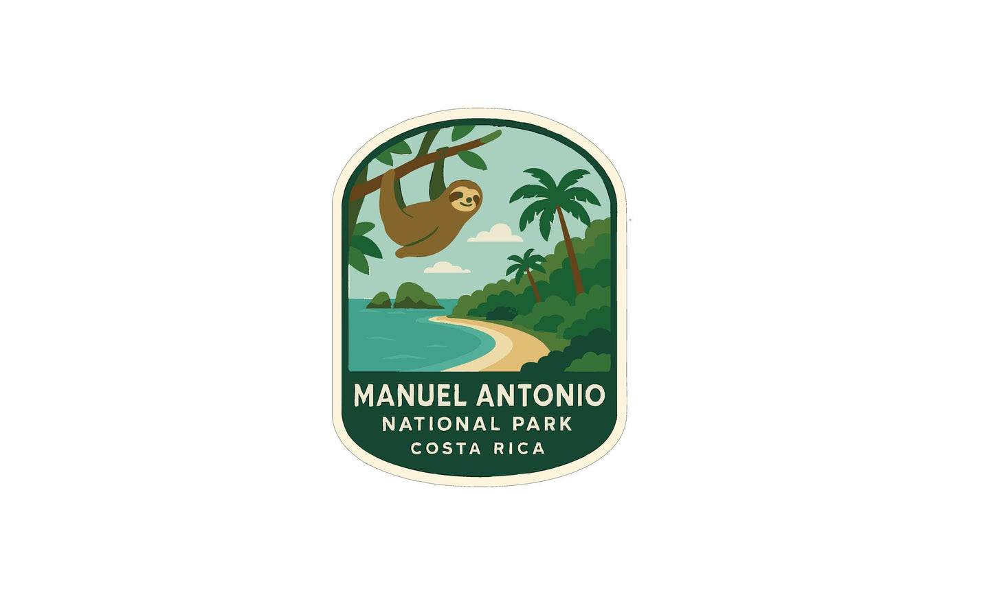 a sloth hanging from a tree branch, with a beach and palm trees in the background, and the text "Manuel Antonio National Park Costa Rica" below the illustration.