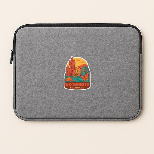 A gray laptop sleeve with a colorful sticker depicting Westminster, Colorado.