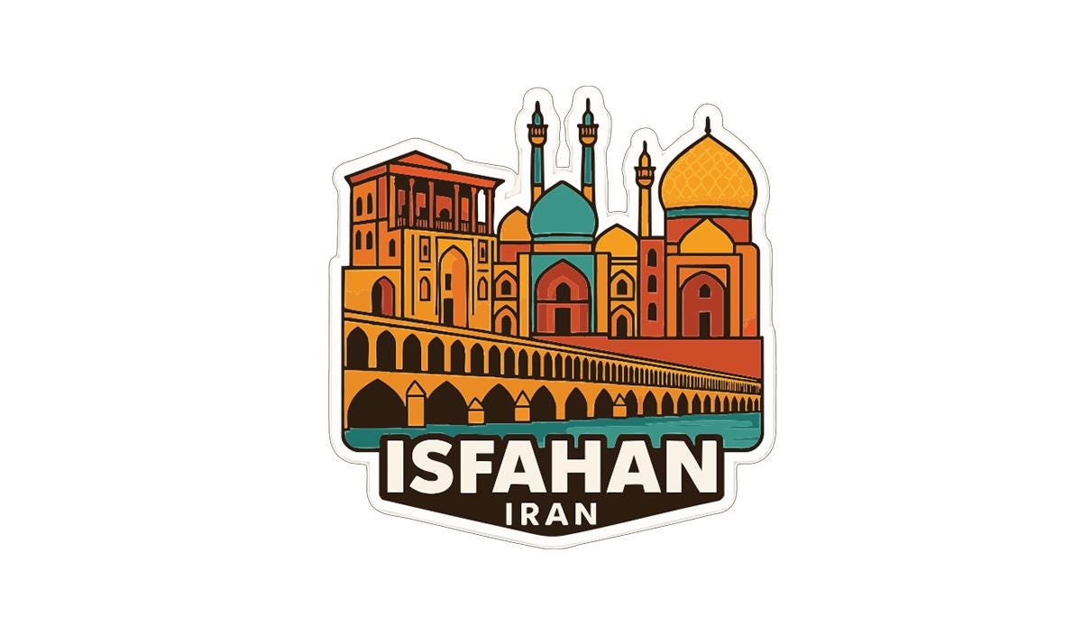 A sticker depicting the skyline of Isfahan, Iran, with colorful buildings and domes.