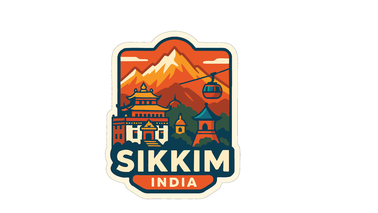 a sticker or emblem with a mountain landscape and a temple, along with the text "Sikkim India" prominently displayed.