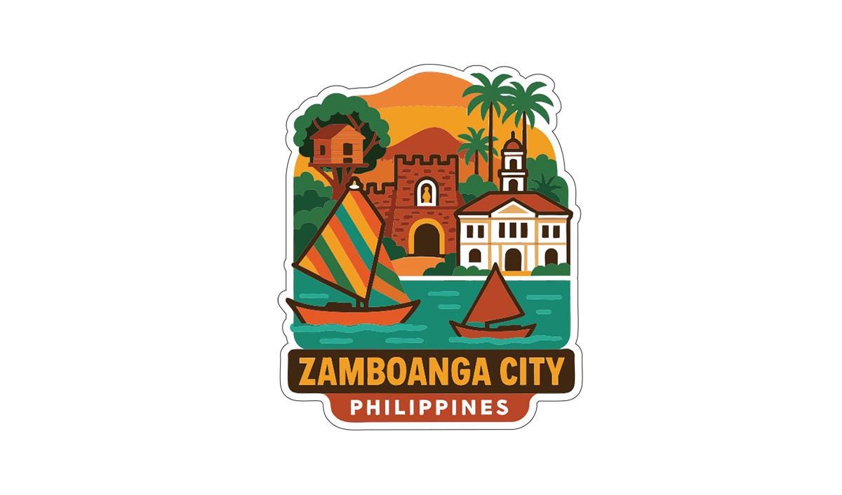 The image is a sticker or illustration depicting various elements of the city of Zamboanga City, Philippines. It includes a castle, a house, a boat, and palm trees, all set against a colorful background.