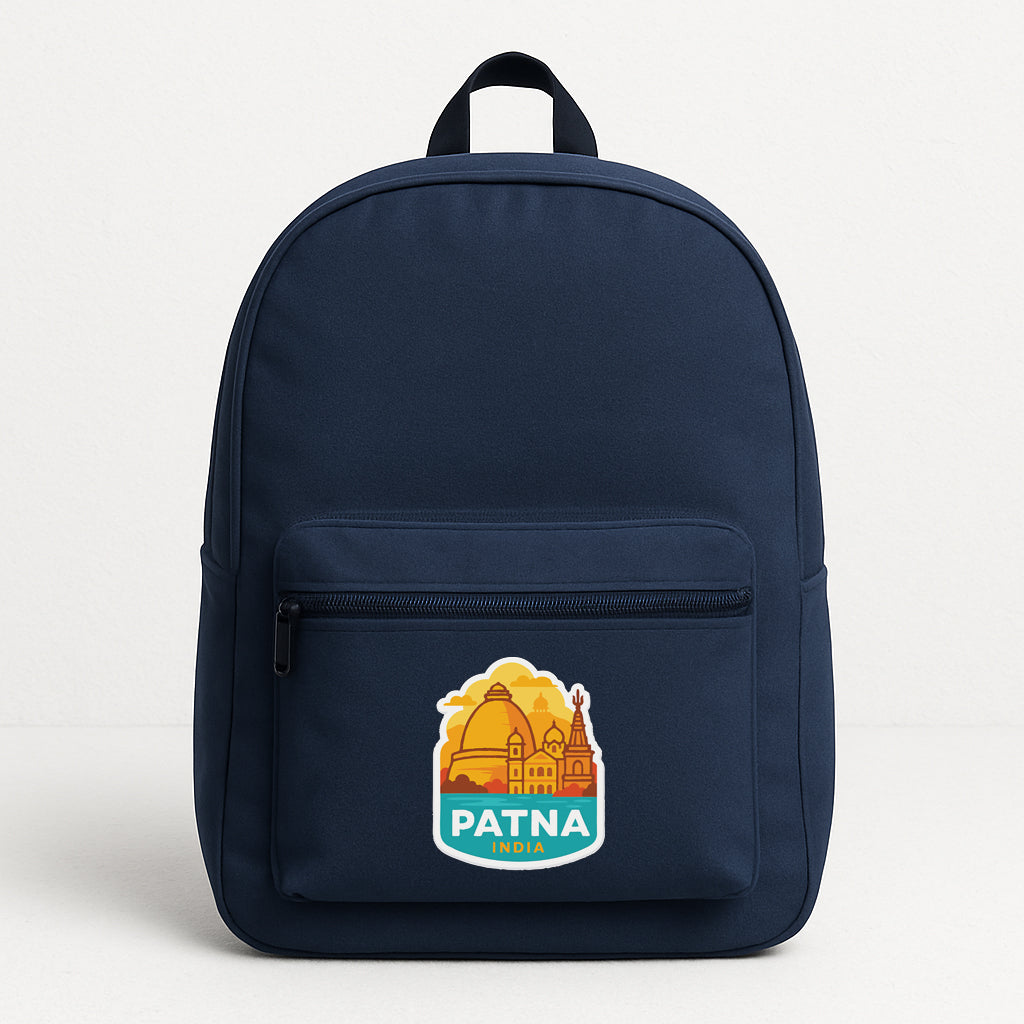 A navy blue backpack with a sticker on the front that says "PATNA".
