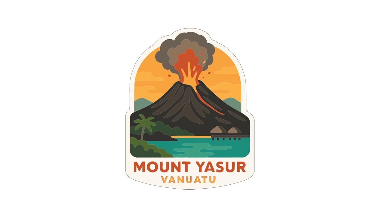 a stylized illustration of Mount Yasur, a famous volcano located in Vanuatu.