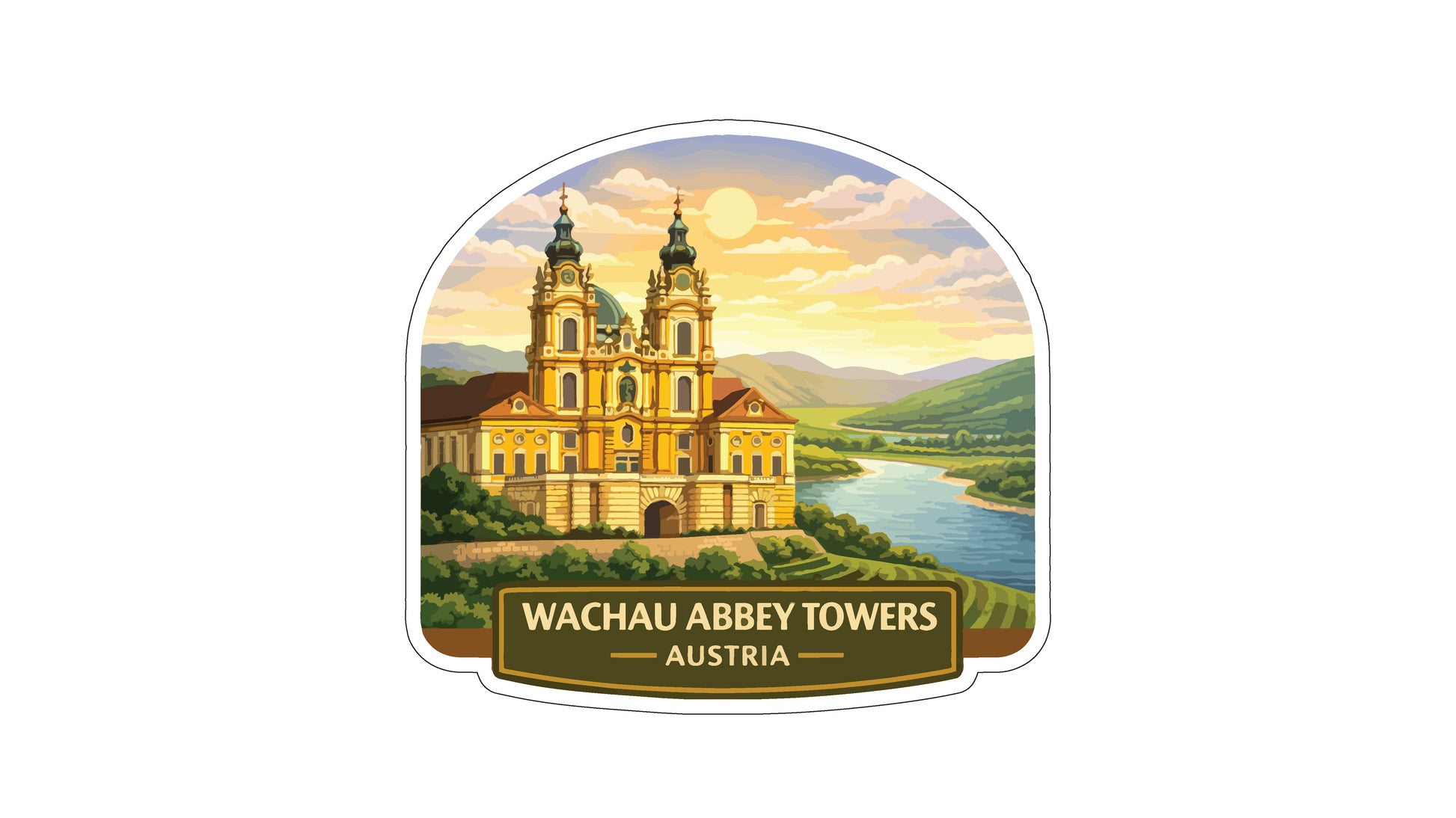 a sticker or label with a painting of the Wachau Abbey Towers in Austria, set against a scenic landscape with a river and mountains in the background.