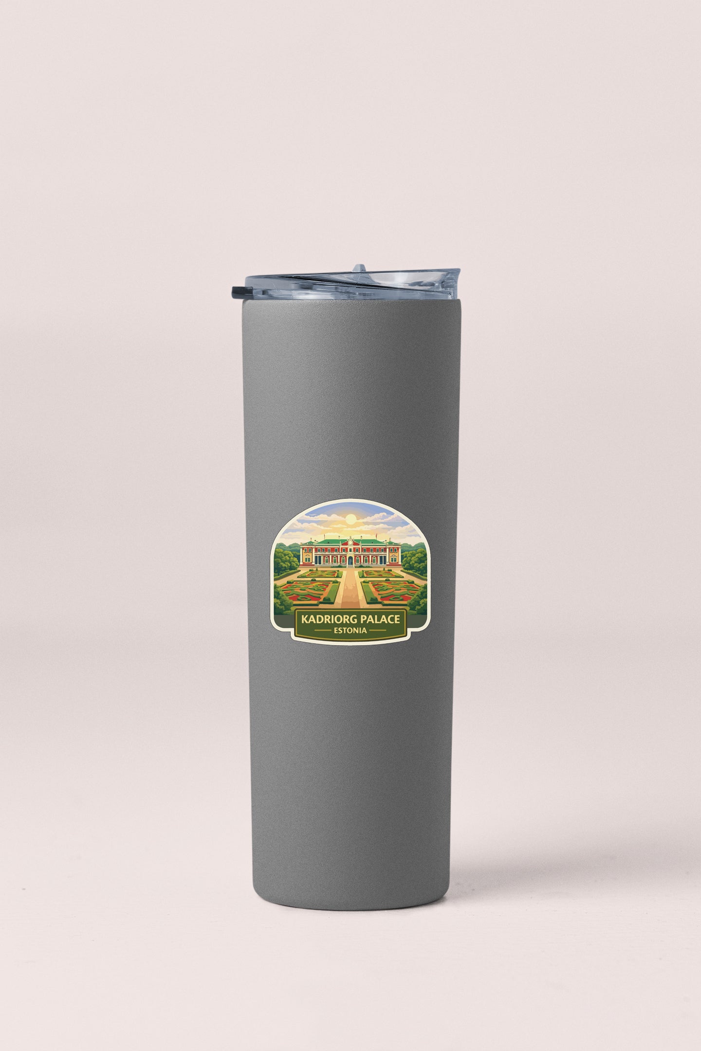 a gray travel mug with a picture of a farm
