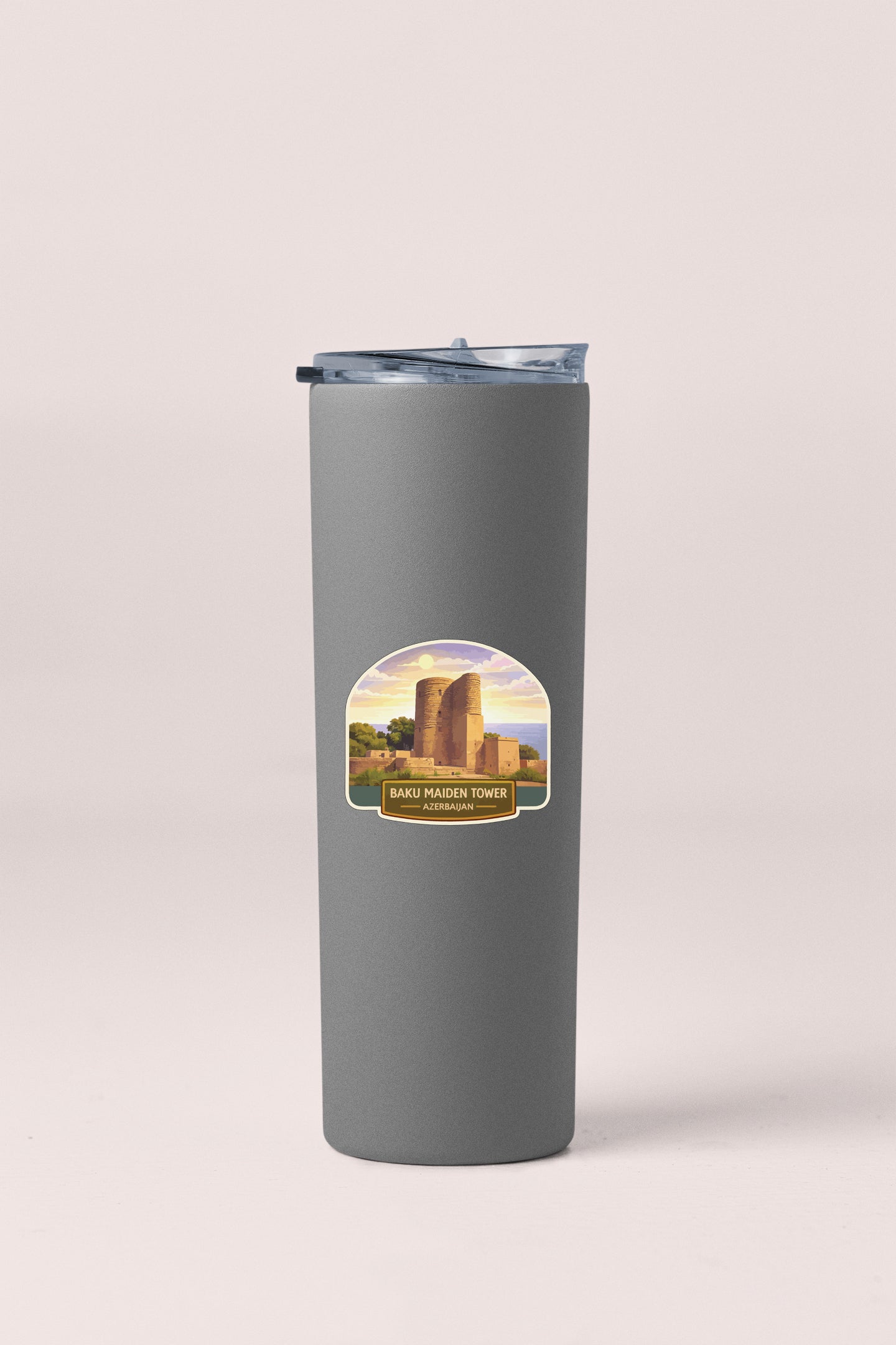 A gray cylindrical container with a lid and a label that reads "BAKI MAIDEN TOWER" and "ATLANTIC".