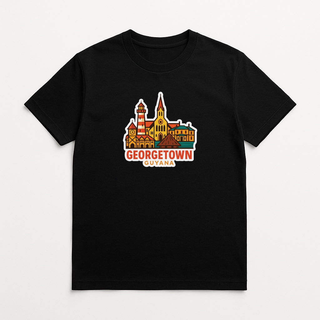 A black t-shirt with a graphic design depicting the town of Georgetown, Guyana.