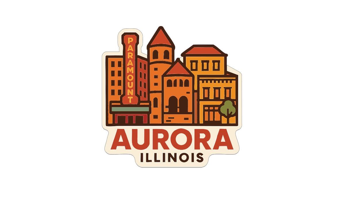 a stylized illustration of a city skyline with buildings and a prominent sign for the "Parramount" theater.